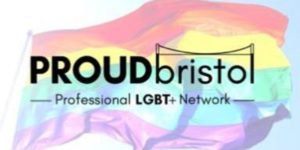 Logo comprising text "Proud Bristol" superimposed over a rainbow flag