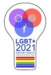 Text "LGBT+ 2021 history month" inside the outline of a light bulb