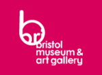 Logo with text "bristol museum and art gallery" on plain red background.